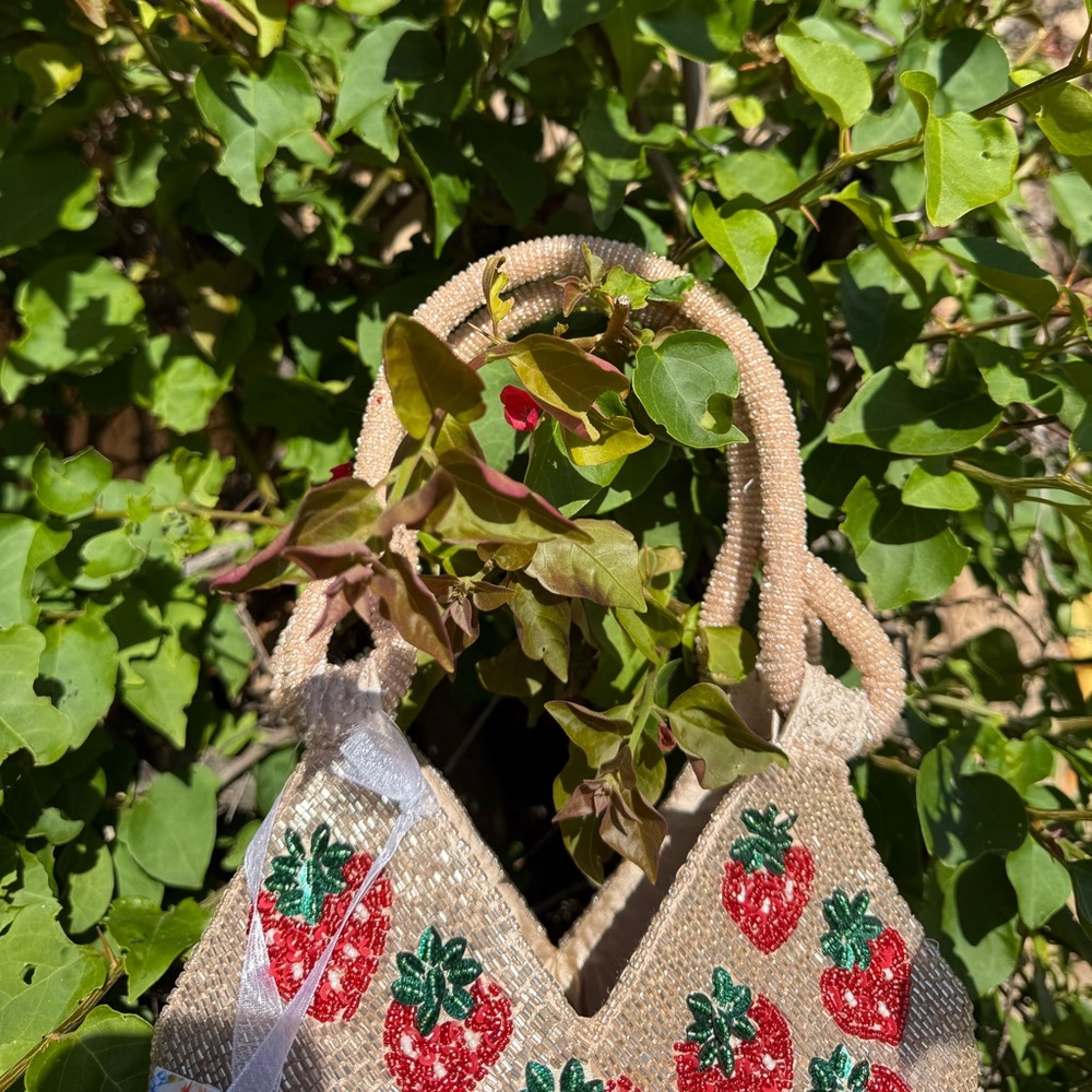 NWT Strawberry Beaded Bag Red Green Nude Beige Made in India Handcrafted New - Picture 3 of 5